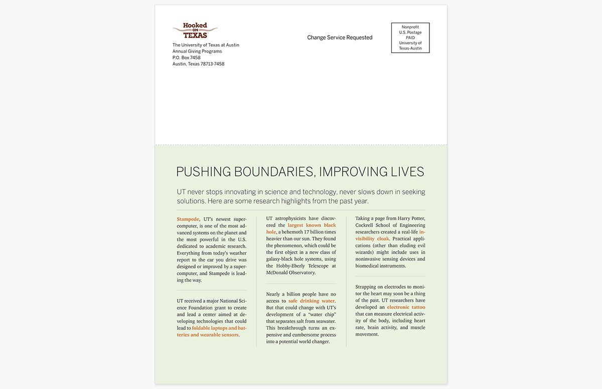 University of Texas mailer titled “Pushing Boundaries, Improving Lives” highlighting research advances