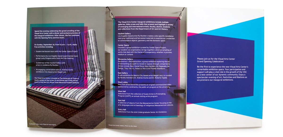 Folded brochure announcing Visual Arts Center grand opening celebration and exhibitions
