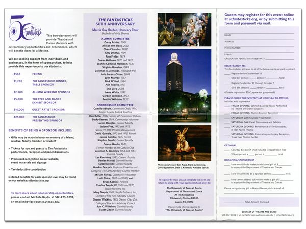 Tri-fold invitation and registration form for The Fantasticks 50th anniversary event