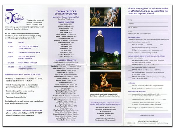 Tri-fold invitation and registration form for The Fantasticks 50th anniversary event
