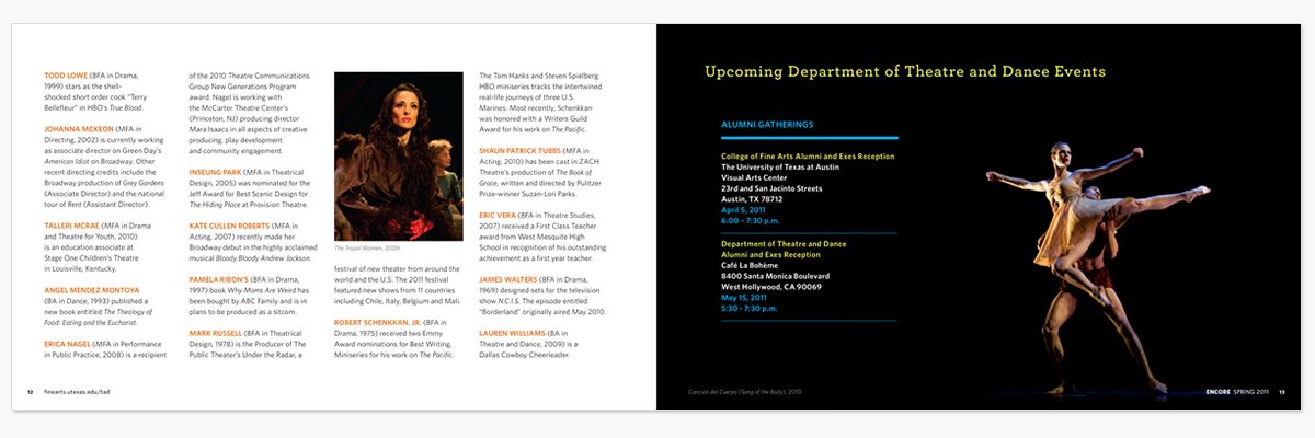 Magazine spread listing theatre and dance alumni news and upcoming events