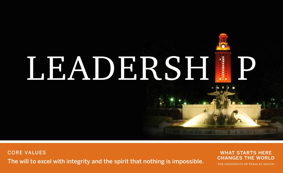 "LEADERSHIP" over campus tower and fountain, with core values quote