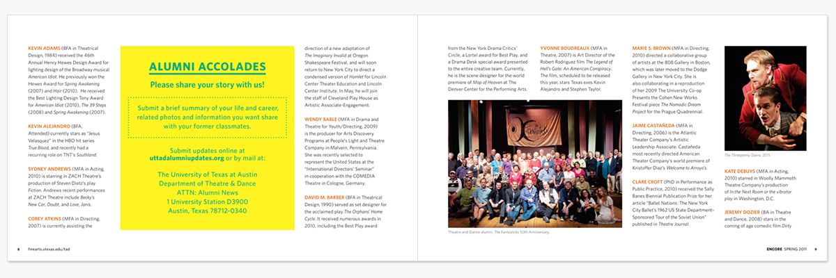 Magazine spread titled “Alumni Accolades” with alumni updates and group photos