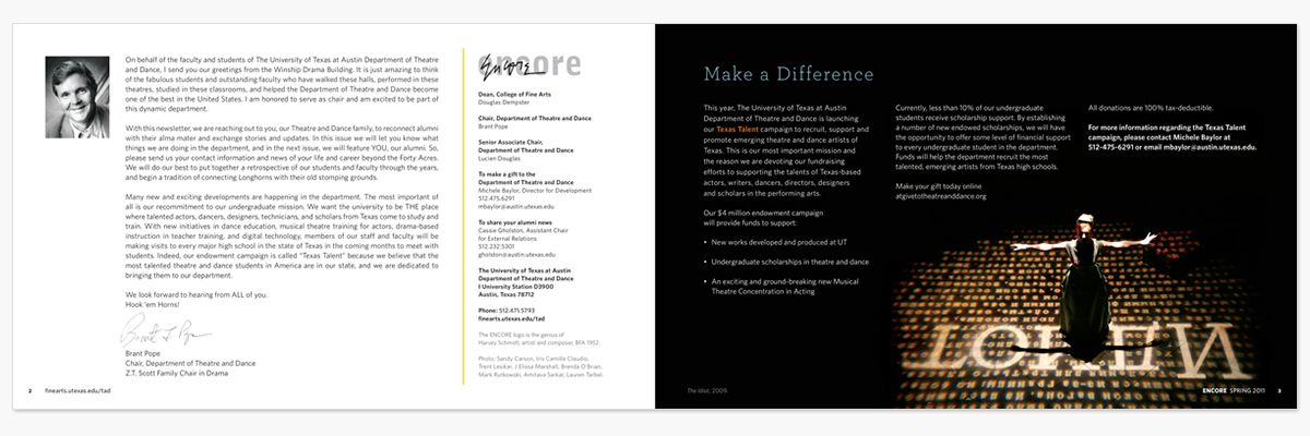Encore magazine spread with department chair letter and donation appeal