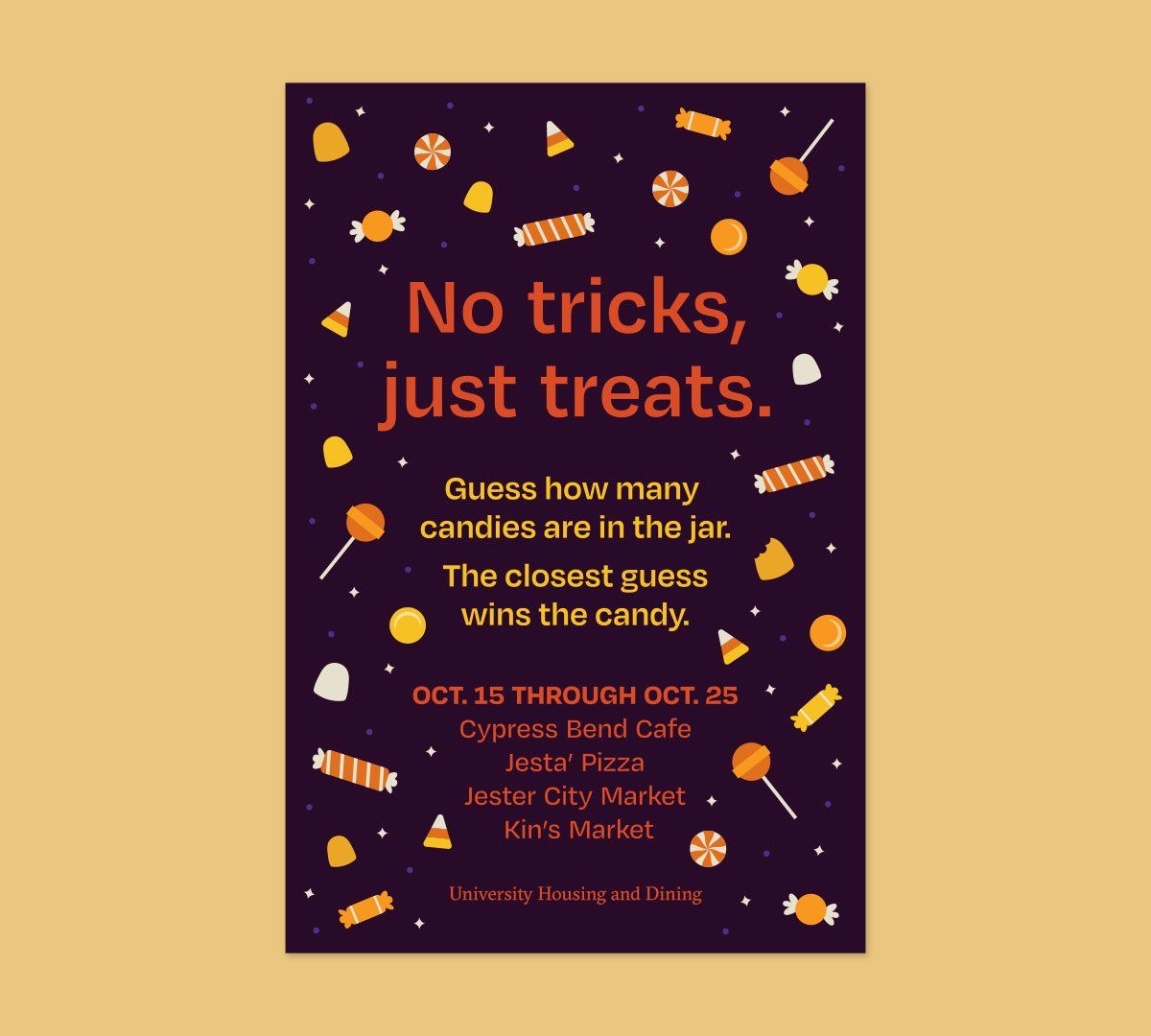 Poster reading “No tricks, just treats. Guess how many candies are in the jar…”