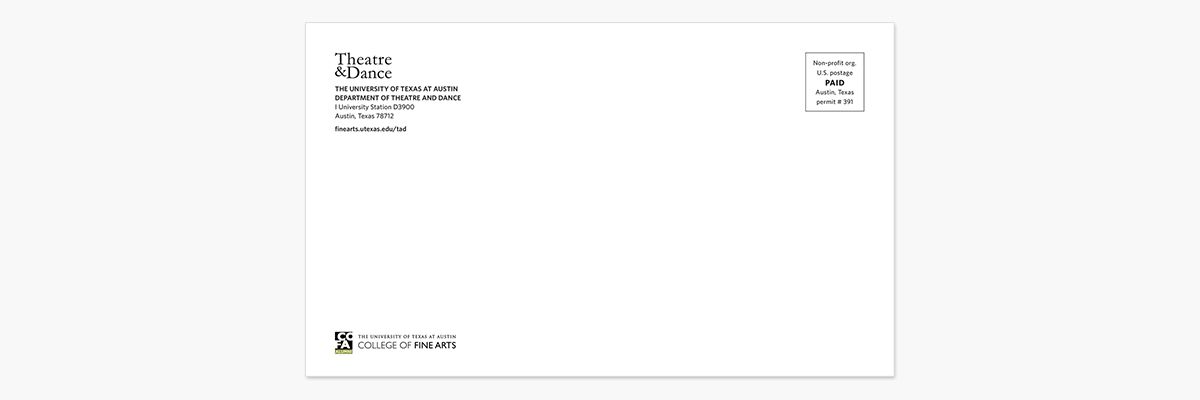Back of Theatre and Dance mailer with department and postage information