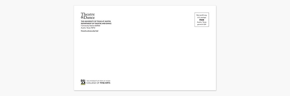 Back of Theatre and Dance mailer with department and postage information