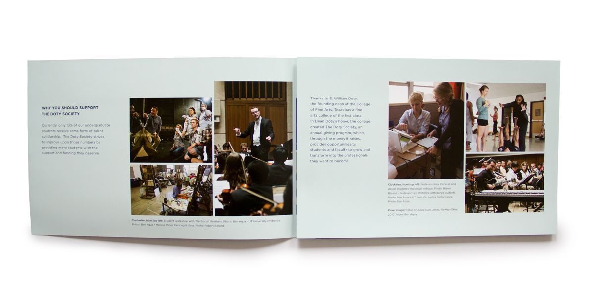 Open brochure spread showing Doty Society text and photos of students studying, performing music, and working with faculty