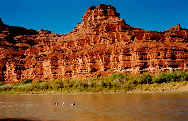 Two people float in a river below a red rock cliff