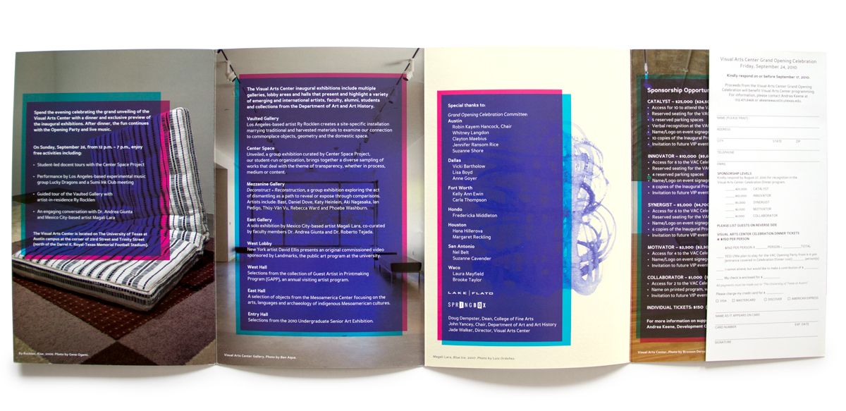 Folded event brochure and sponsorship form for Visual Arts Center grand opening