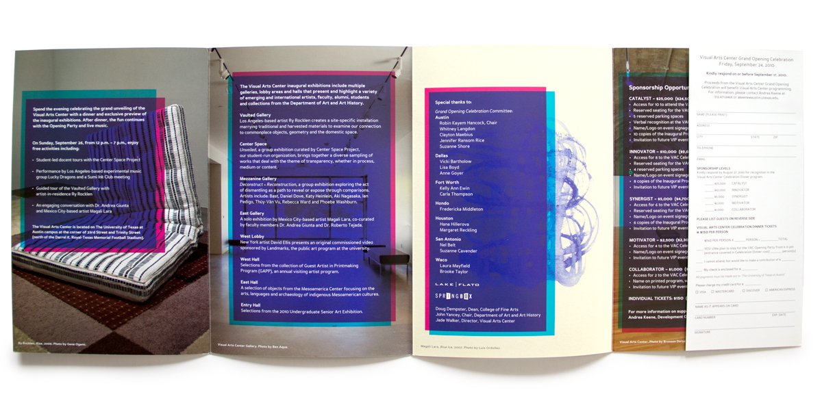 Folded event brochure and sponsorship form for Visual Arts Center grand opening