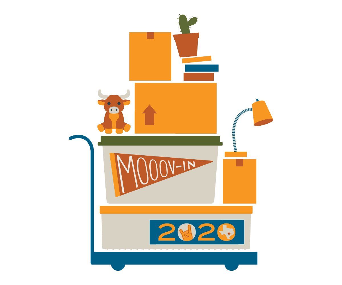 Moving cart stacked with boxes, decor, and banner reading “MOOOV-IN 2020”