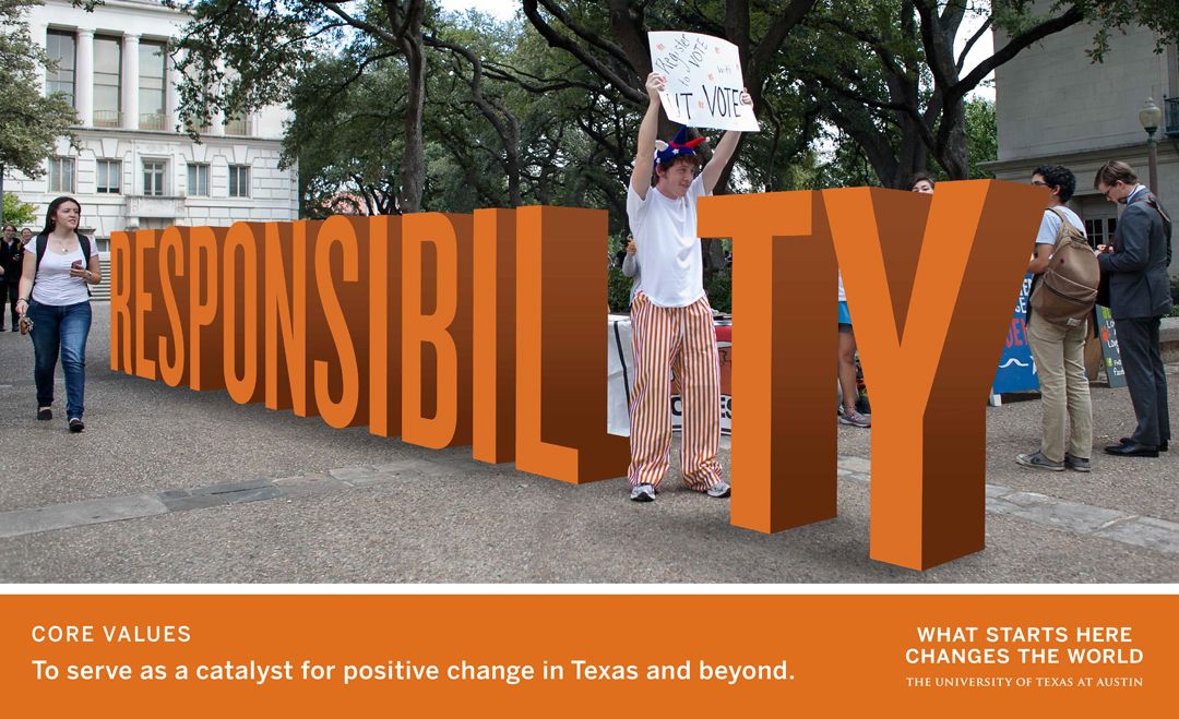 Students on campus beside giant 3D word “RESPONSIBILITY” and voter signup table