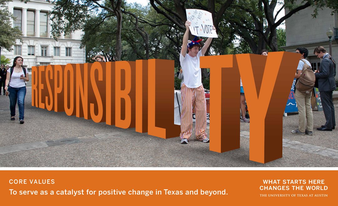 Students on campus beside giant 3D word “RESPONSIBILITY” and voter signup table