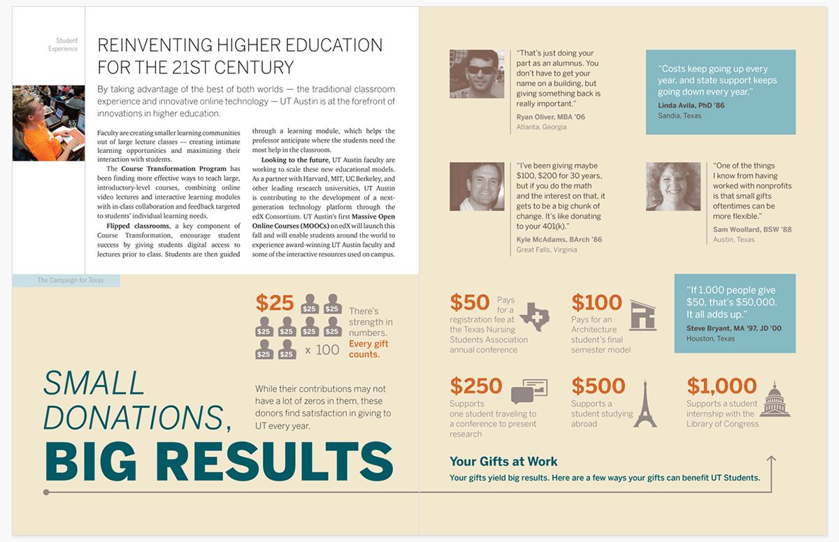 UT Austin flyer explaining how small alumni donations support student programs