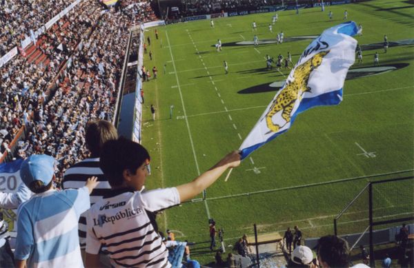 Young fan waving a jaguar flag during a crowded rugby match