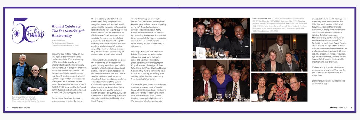 Magazine spread about alumni celebrating The Fantasticks 50th anniversary with event photos