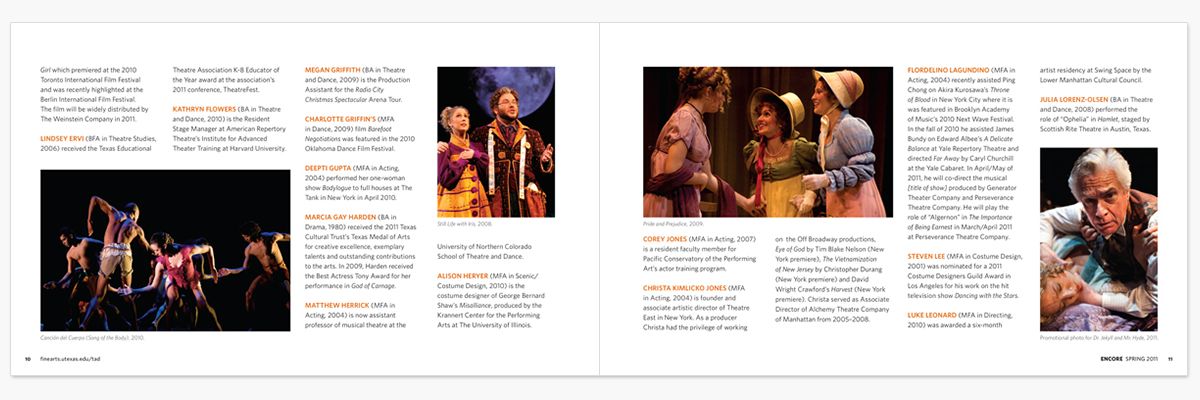 Magazine spread featuring theatre alumni profiles with three stage production photos