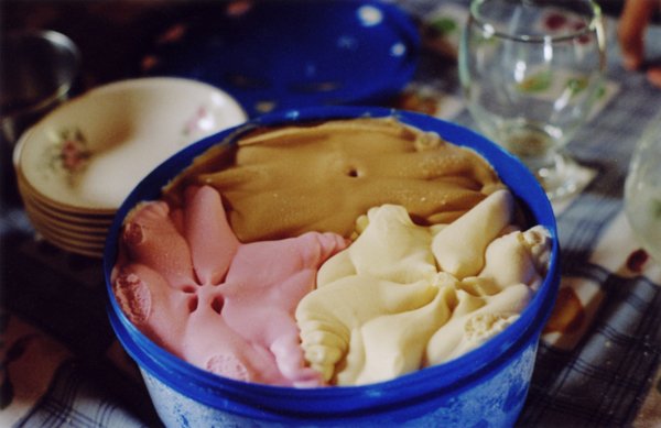 Open tub of three-flavor ice cream on a dining table
