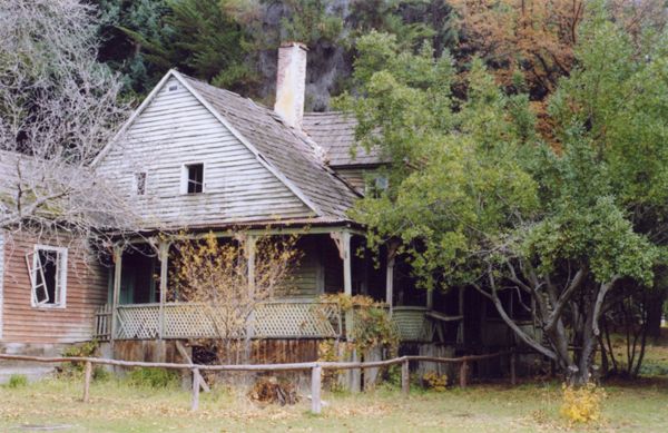 Old wooden house with wraparound porch surrounded by overgrown trees