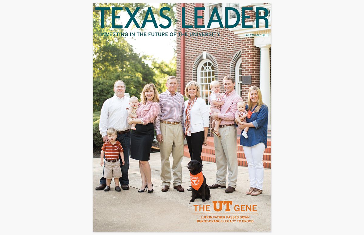 Texas Leader magazine cover featuring multigenerational family and dog outside campus building