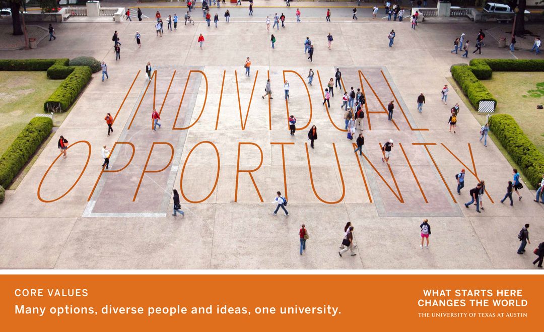 Students walking across a campus plaza overlaid with “INDIVIDUAL OPPORTUNITY”