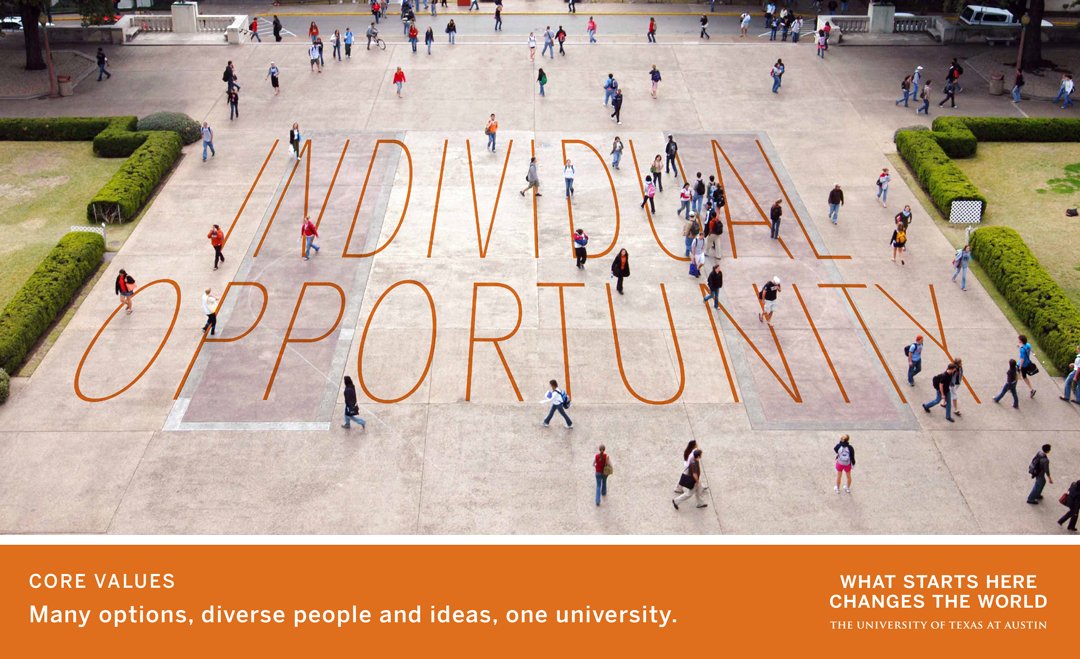 Students walking across a campus plaza overlaid with “INDIVIDUAL OPPORTUNITY”