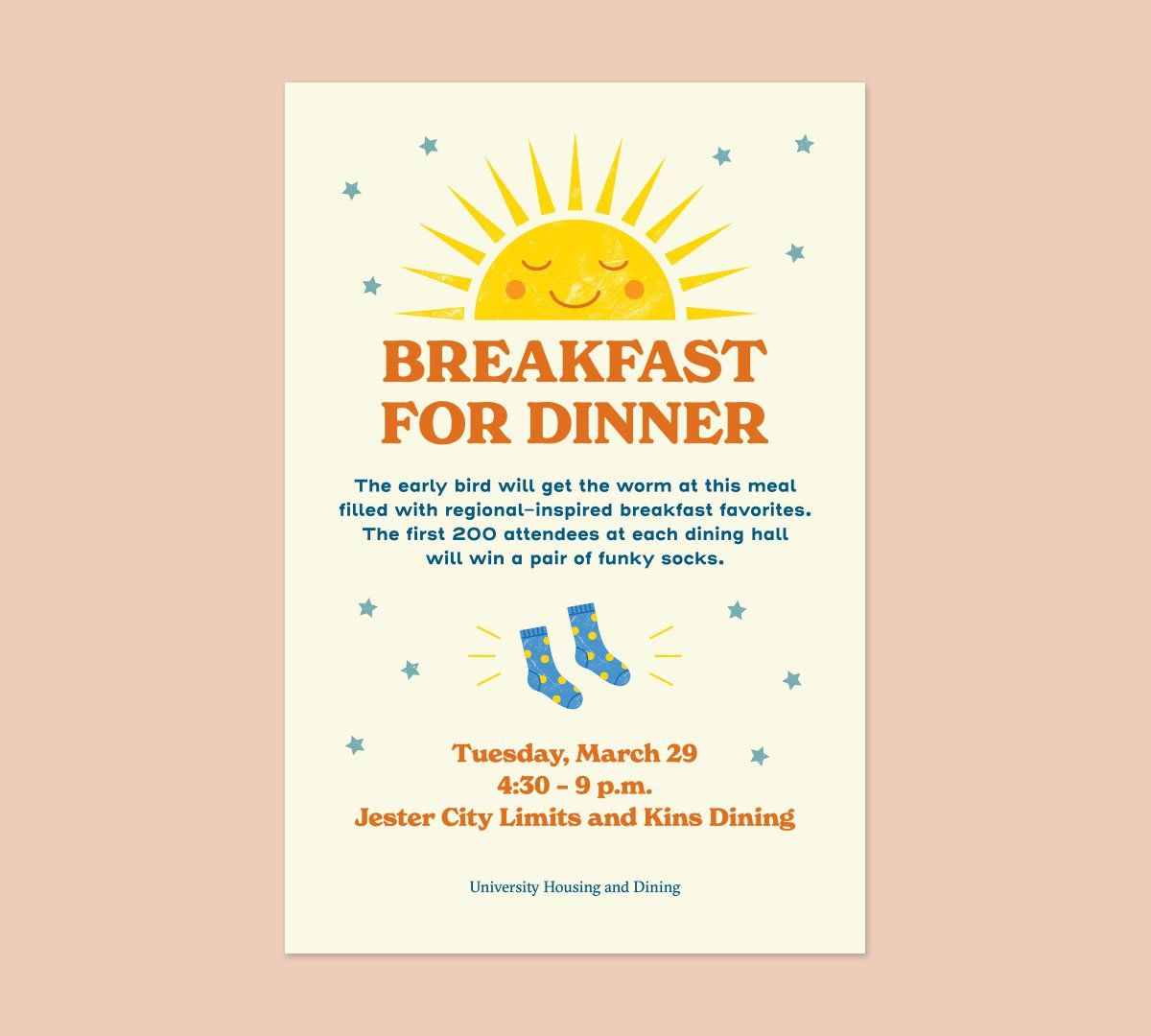 "Breakfast for Dinner" event poster with date, time, and location details