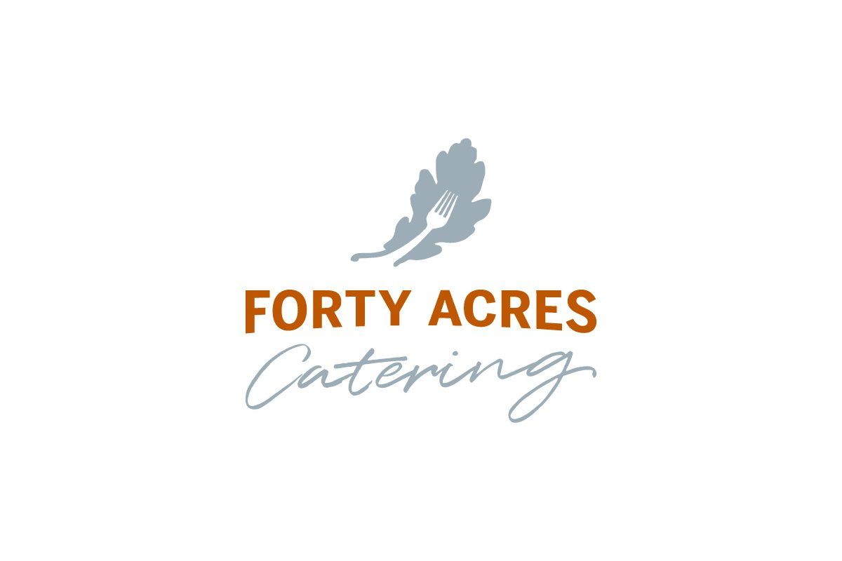 “FORTY ACRES Catering” logo with fork inside leaf icon