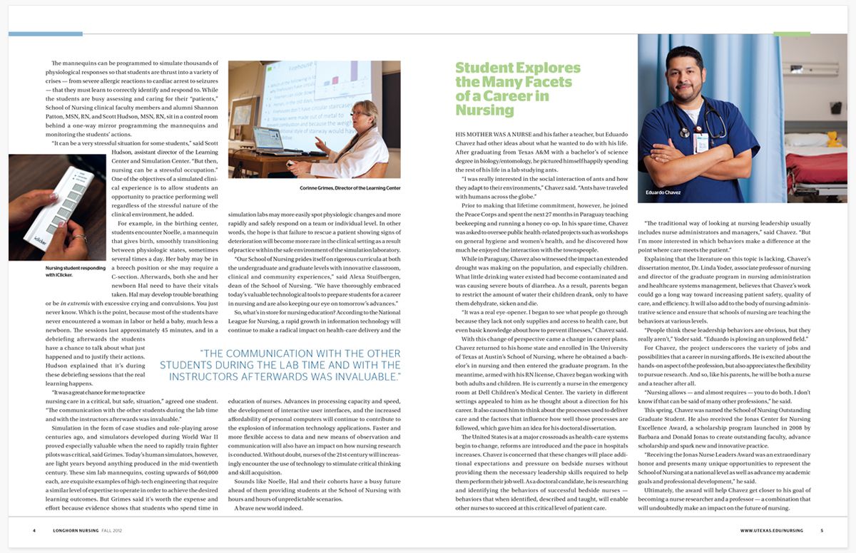 Magazine spread about nursing education with classroom simulation photos and student profile
