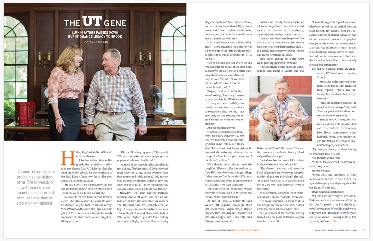 Magazine spread titled “The UT Gene” featuring Lufkin father and grandchildren