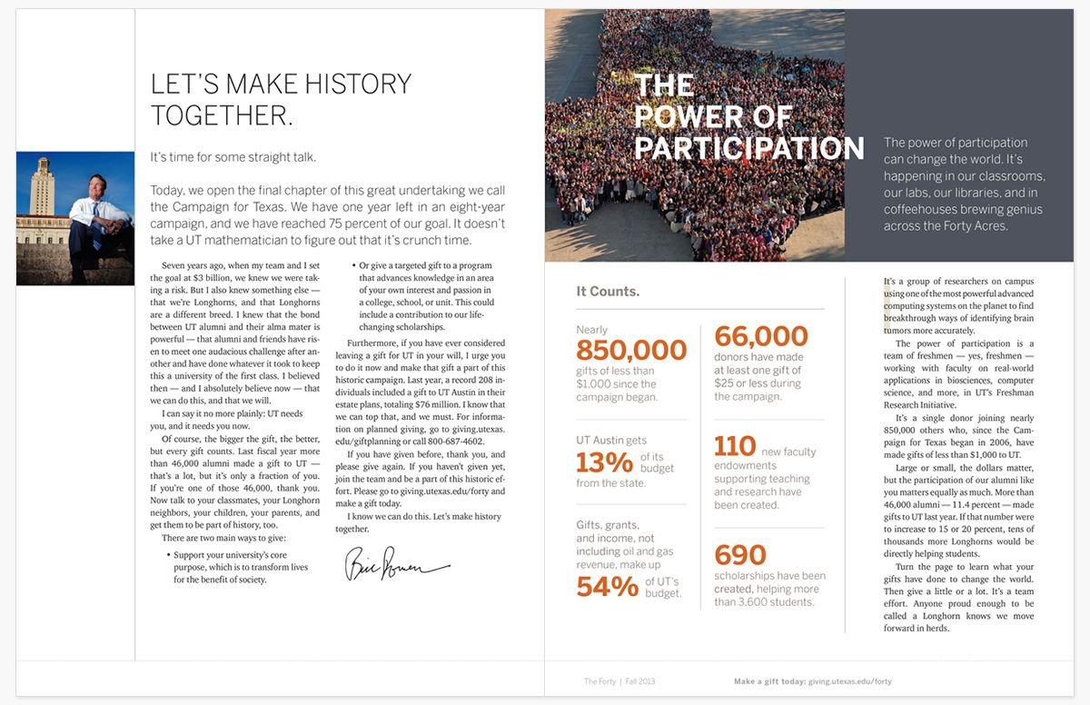 University fundraising brochure titled “The Power of Participation” with campaign statistics and message