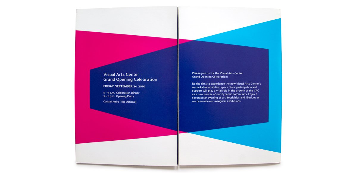 Printed invitation reading “Visual Arts Center Grand Opening Celebration” with event details