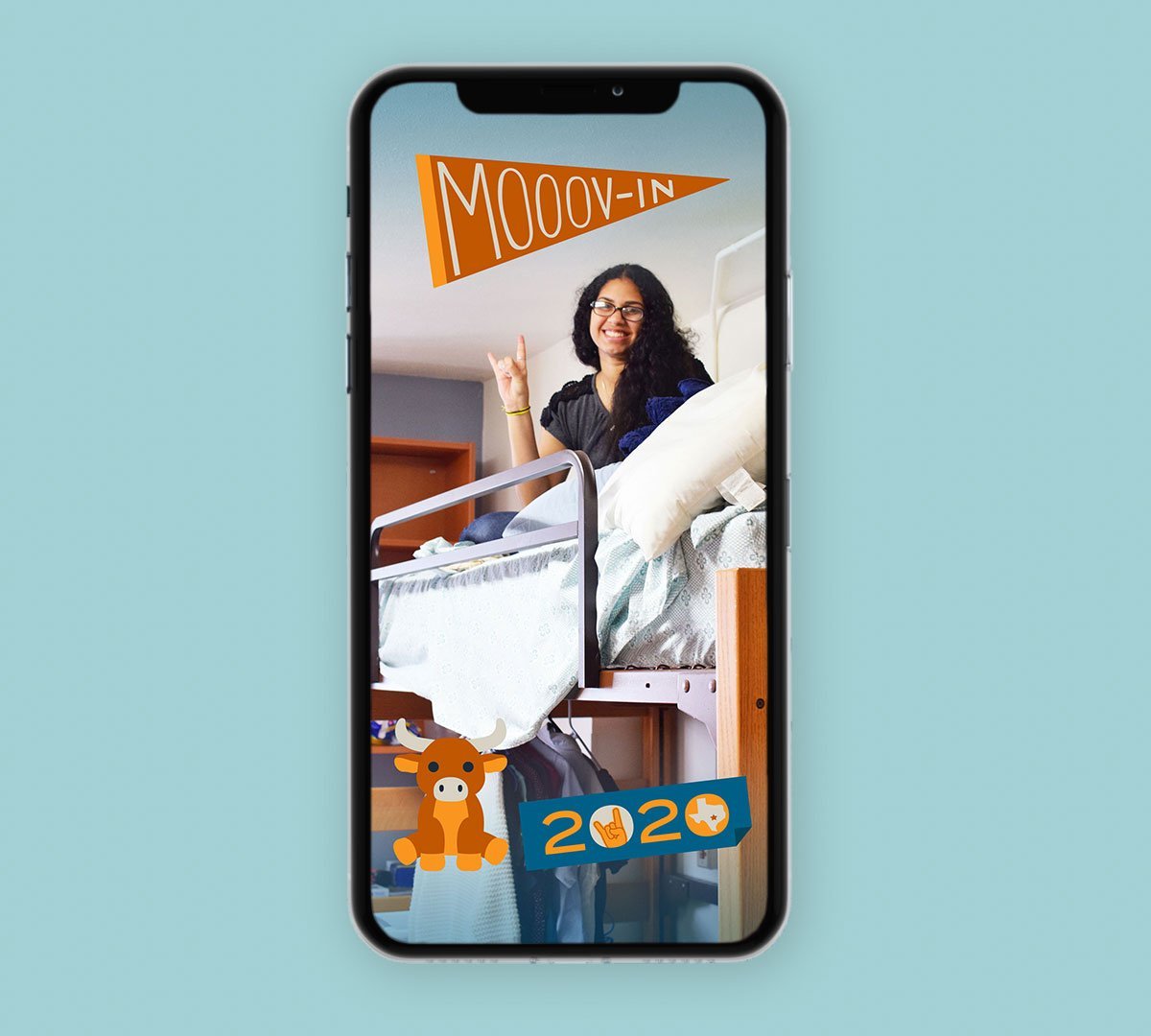 Student on dorm bed in phone screen with “MOOOV-IN 2020” overlay