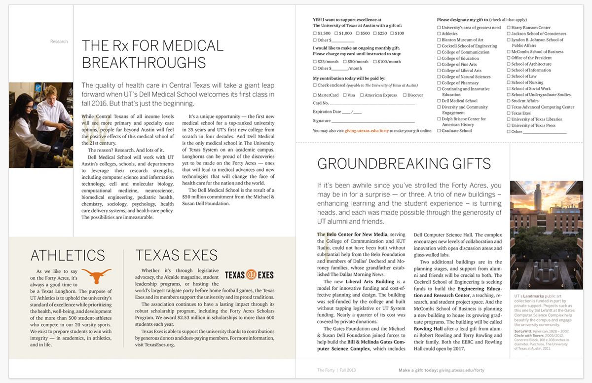 Magazine spread about UT Austin medical breakthroughs, athletics, alumni giving, and campus building gifts