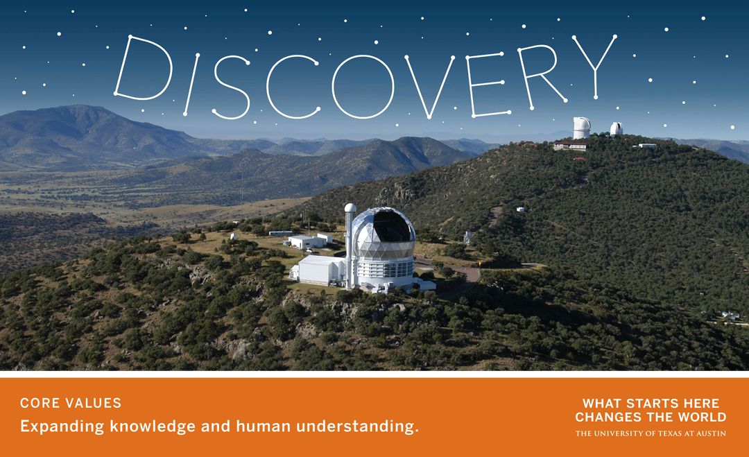Observatory complex in mountains under the word “DISCOVERY,” with core values tagline