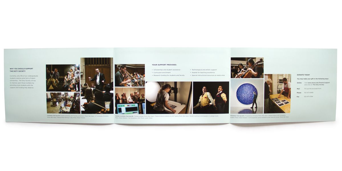 Open brochure spread showing Doty Society support information and donation options