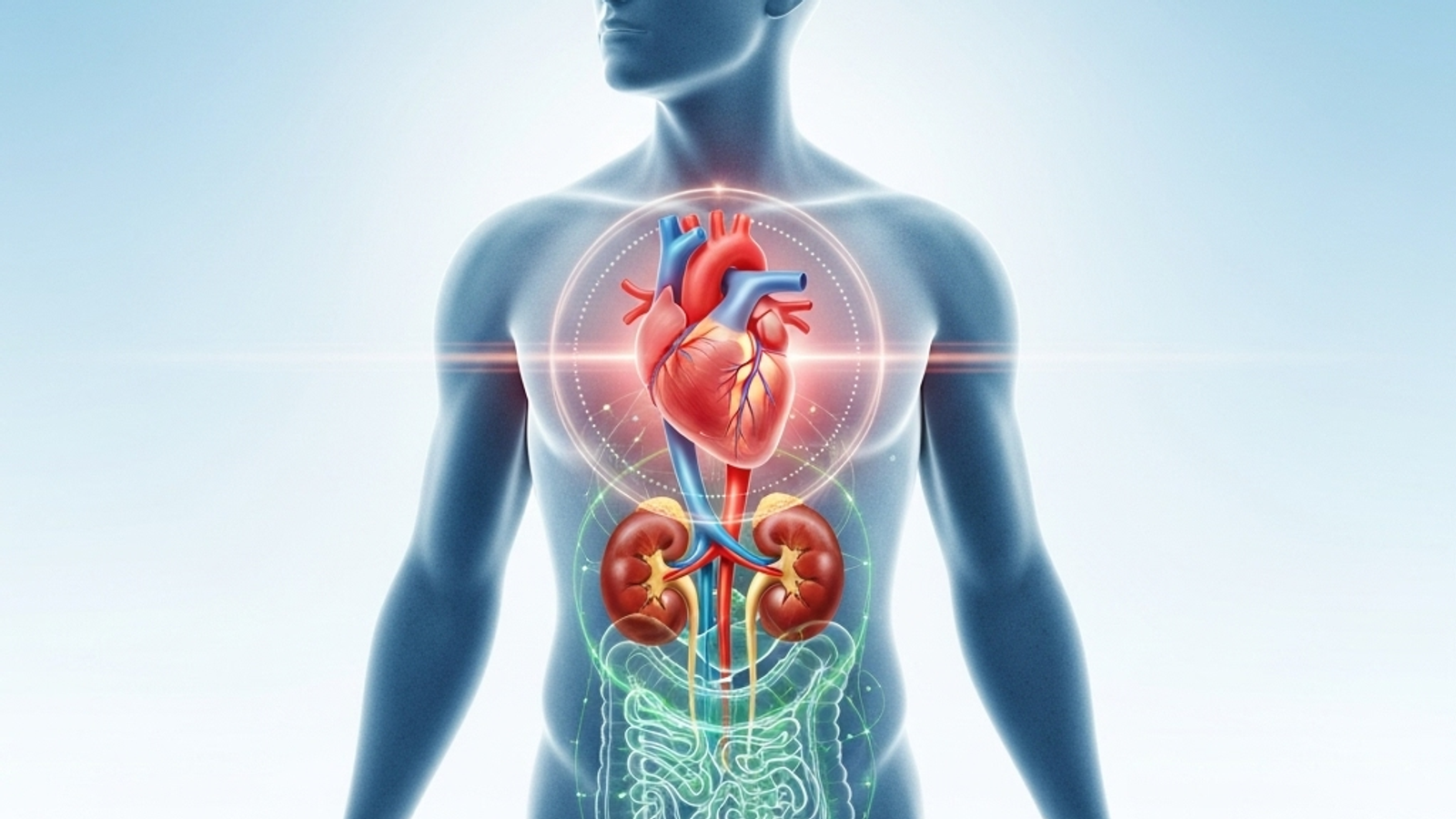 Una ilustración médica moderna que muestra la silueta de una persona sana con un corazón, riñones y sistema metabólico visibles y en equilibrio, simbolizando la prevención del síndrome cardiovascular-renal-metabólico.