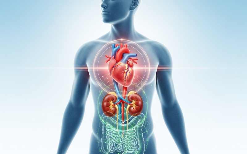 Una ilustración médica moderna que muestra la silueta de una persona sana con un corazón, riñones y sistema metabólico visibles y en equilibrio, simbolizando la prevención del síndrome cardiovascular-renal-metabólico.