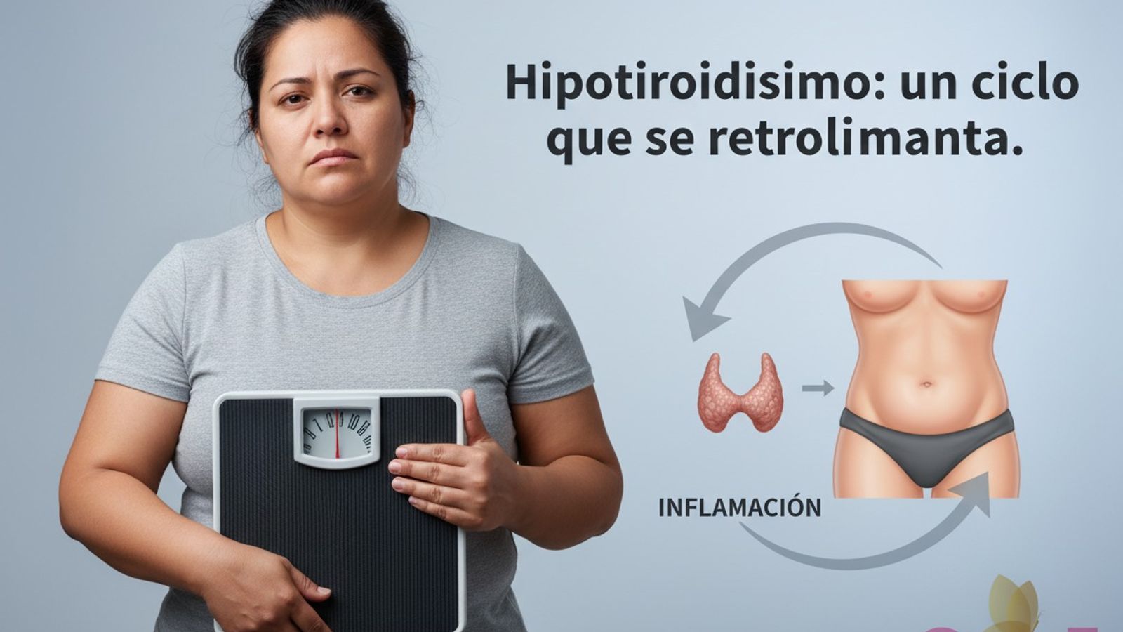 Mujer con obesidad clase I y expresión de frustración, sosteniendo una báscula. A su derecha, un diagrama médico ilustra el ciclo entre el hipotiroidismo y el aumento de grasa abdominal, con la flecha de retorno etiquetada como 'inflamación'. El texto superpuesto dice: 'Hipotiroidismo: un ciclo que se retroalimenta. 