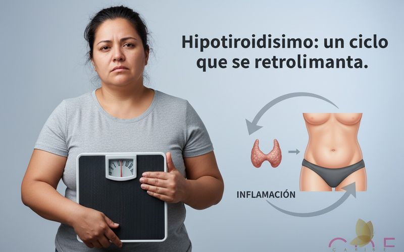 Mujer con obesidad clase I y expresión de frustración, sosteniendo una báscula. A su derecha, un diagrama médico ilustra el ciclo entre el hipotiroidismo y el aumento de grasa abdominal, con la flecha de retorno etiquetada como 'inflamación'. El texto superpuesto dice: 'Hipotiroidismo: un ciclo que se retroalimenta.