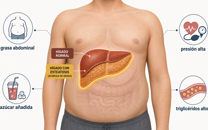 Figura 1. Esquema de higado graso y su relacion con alimentos, grasa abdominal, presión alta y triglicéridos altos