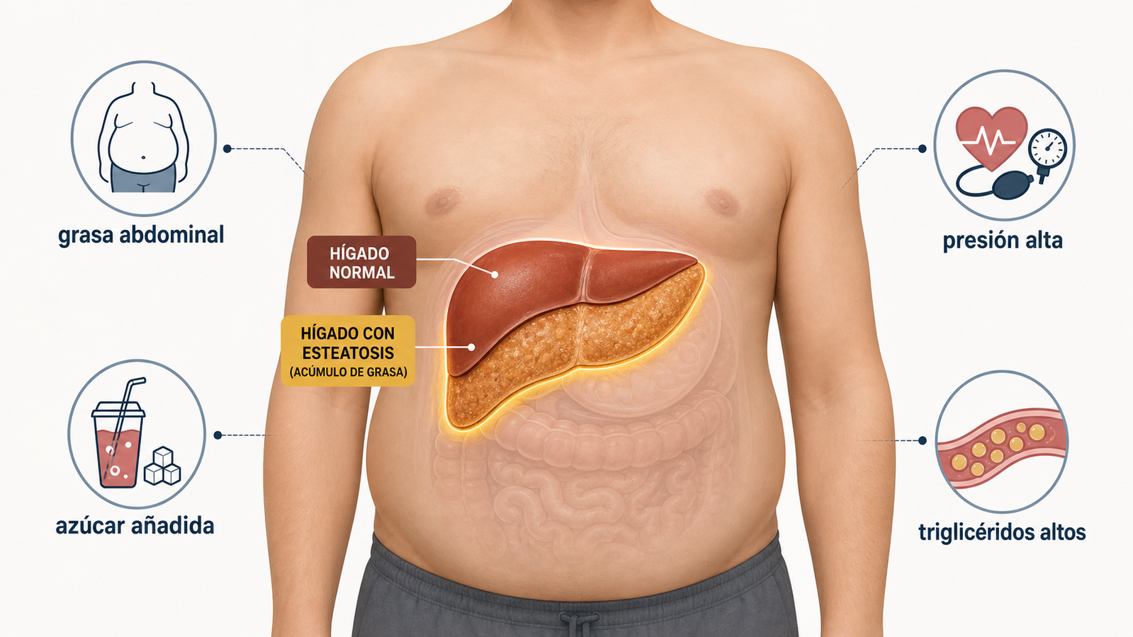 Figura 1. Esquema de higado graso y su relacion con alimentos, grasa abdominal, presión alta y triglicéridos altos