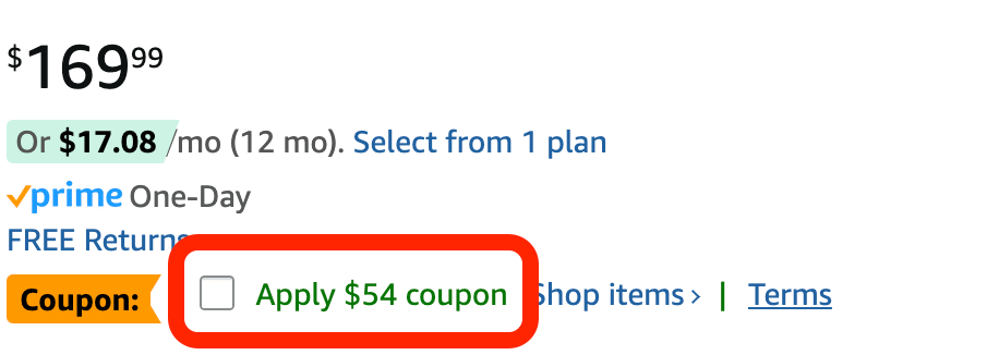 Amazon on-page coupon checkout box to apply a promo code