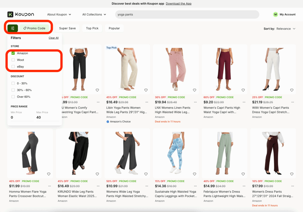Amazon promo code search results on Koupon