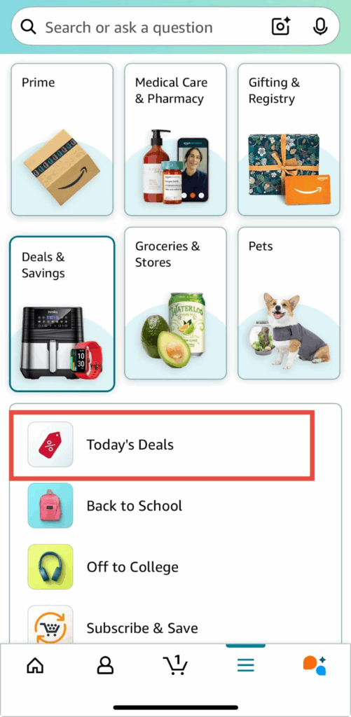 Find the Coupons section in the Amazon app under Deals and Savings