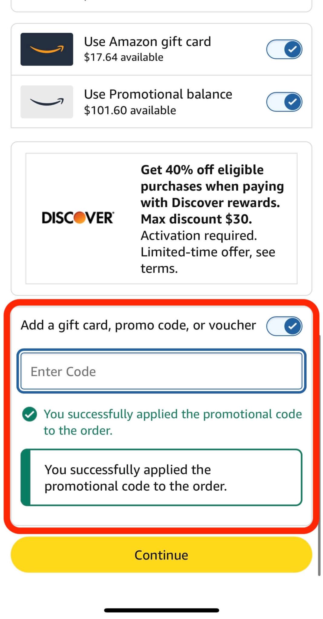 Amazon promo code applied success message