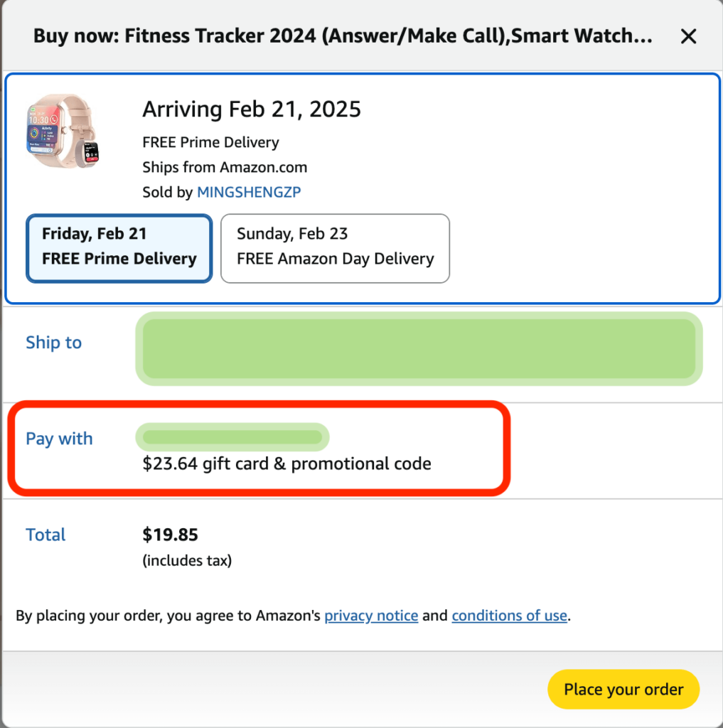Amazon quick checkout modal Pay with section for a promo code