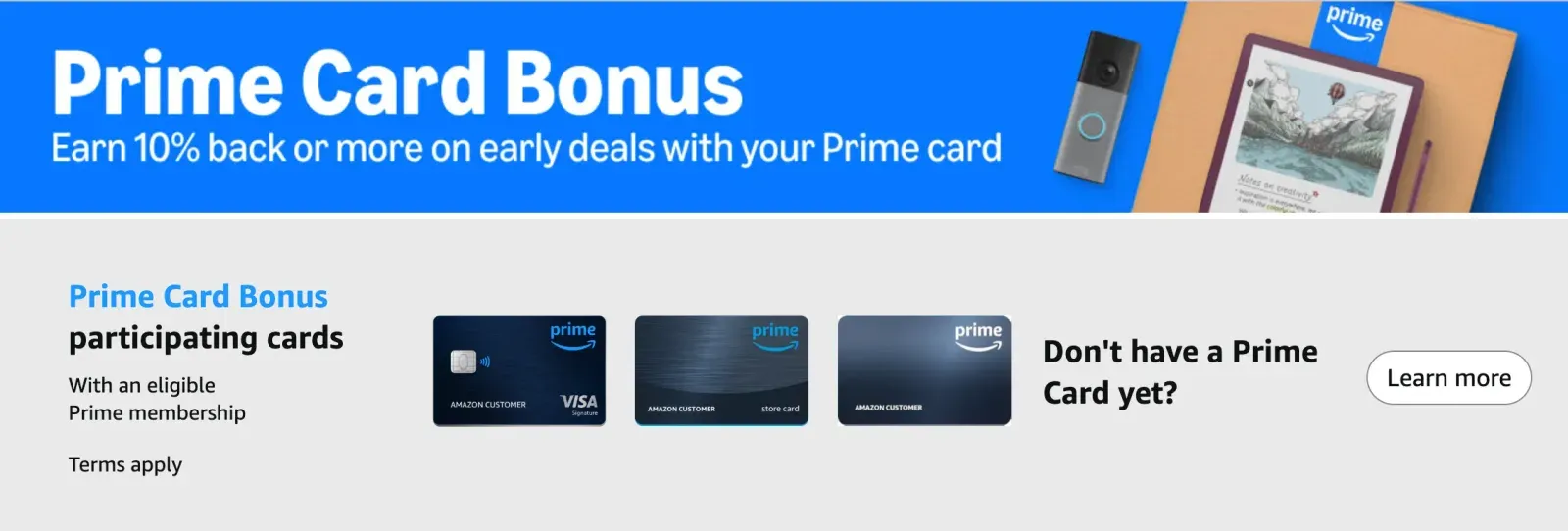 Amazon Prime Card Bonus banner advertising 10% back or more on select deals and showing participating Prime cards.