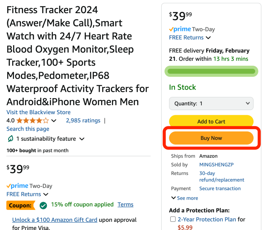 Amazon product detail page Buy Now button for applying a promo code